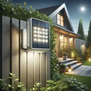 DALL·E 2025 03 24 05.24.02 A high quality realistic digital image of a modern solar powered LED wall light installed on a garden fence near a house entrance. The light is turne 1